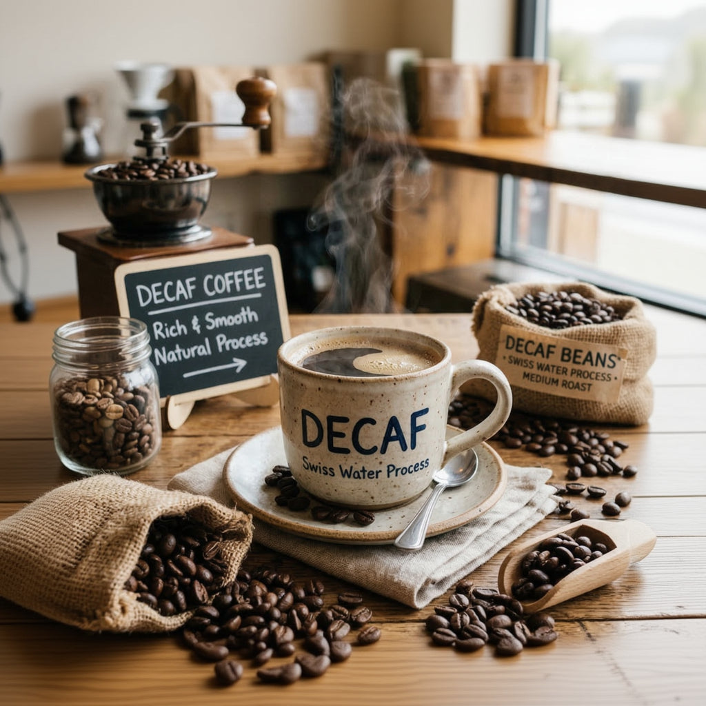 A rustic, parchment-style coffee bag for 'Whoa Nelly! Decaf' by Debi's Saddle-Up Coffee Company. The label features a vintage Western font and the brand's signature horse and coffee cup logo.